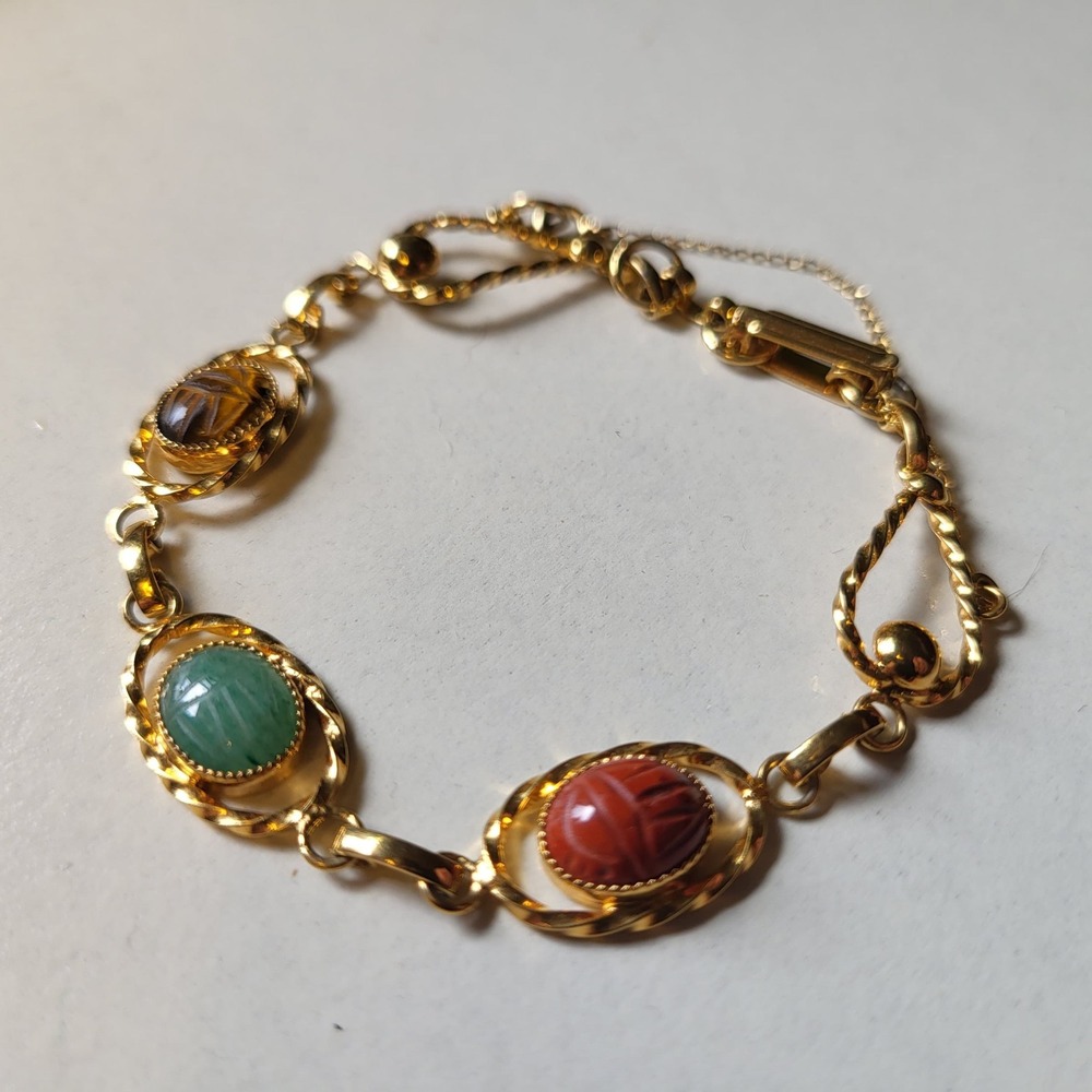 14K Gold Filled Scarab Link Bracelet Vintage Multi Stone Women Boho